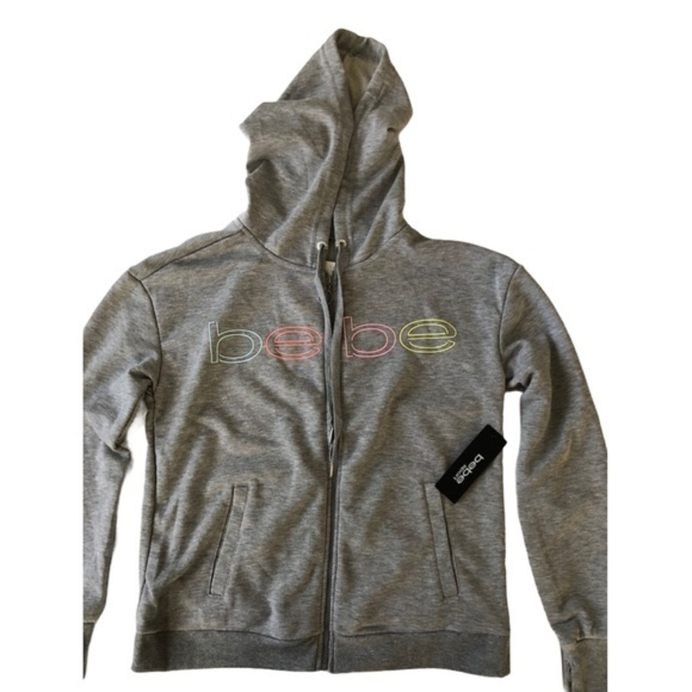 Bebe Sport Womens Heather Gray Full Zip‎ Logo Hoodie Sweatshirt Thumbholes NEW